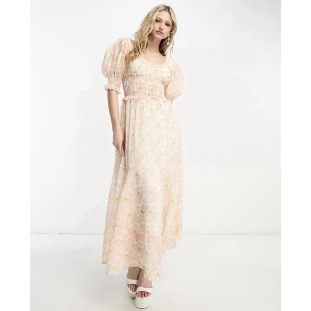 SISTER JANE Puff Short Sleeve Shirred Floral Long Dress Blush Floral Size Small